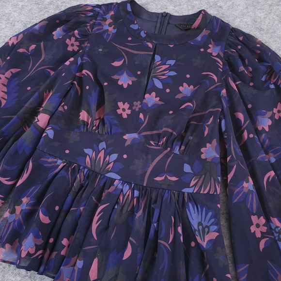 TED BAKER Stephanie Floral Print Balloon Billow Sleeve Keyhole Blouse Sz 1 US 4 - Picture 4 of 10